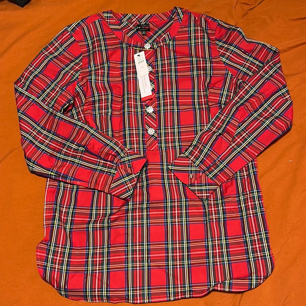 Talbots NON-IRON BAND COLLAR TUNIC - CELEBRATE PLAID NEVER WORN